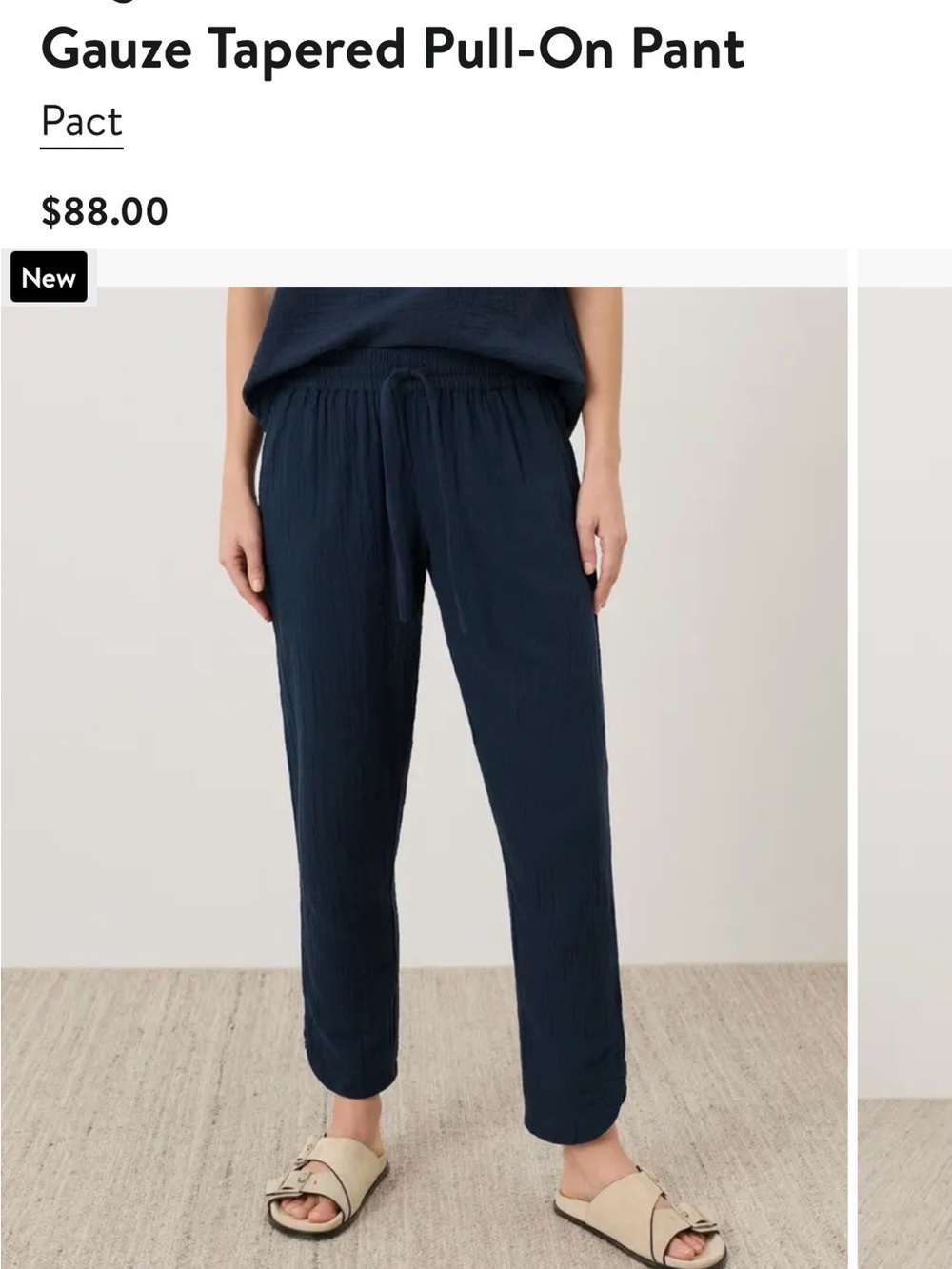 Pact Navy organic cotton Coastal Double Gauze Tapered Pull-On Pants